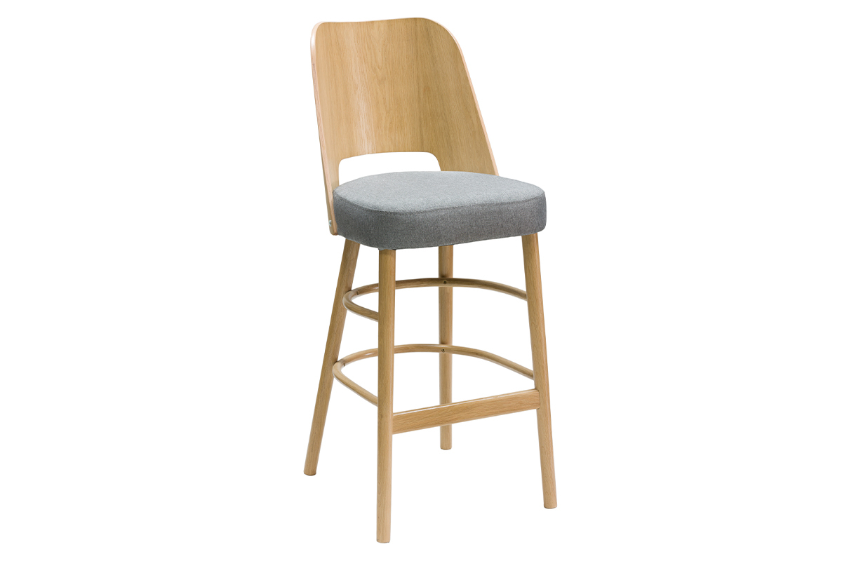 Tabouret de bar vintage bois clair et tissu gris chin� H65 cm EDITO