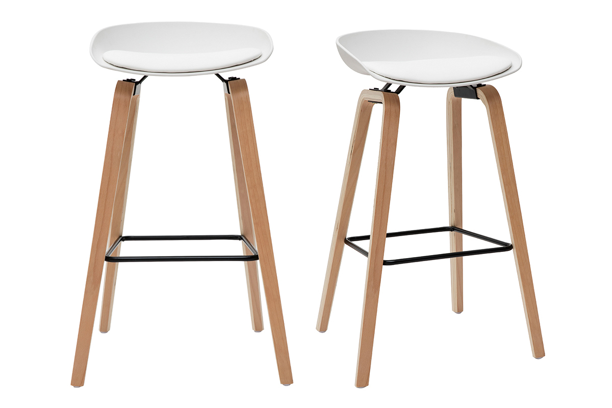 Tabourets de bar blanc et pieds bois 75 cm (lot de 2) LINO