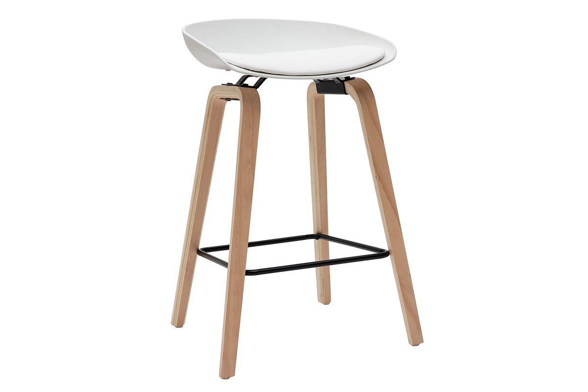 Tabourets de bar blancs et pieds bois H65 cm (lot de 2) LINO