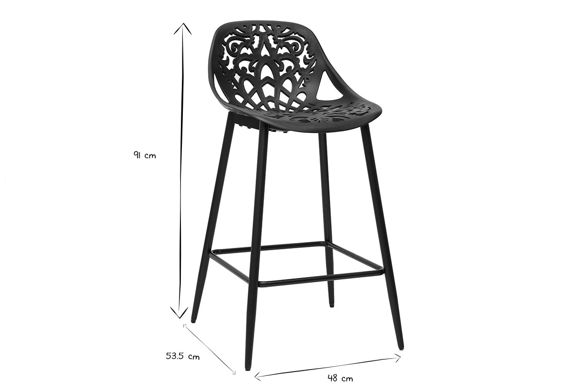 Dimensions d'un tabouret baroque noir en noir et blanc : hauteur 91 cm, largeur 48 cm, profondeur 53,5 cm.