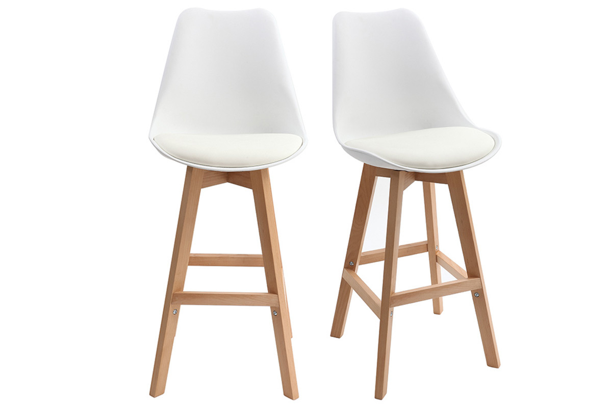 Tabourets de bar design blanc et bois H65.5 cm (lot de 2) PAULINE