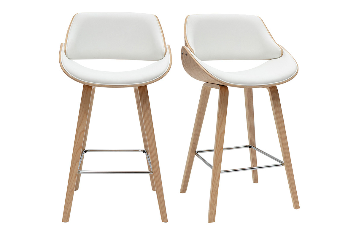 Tabouret de bar blanc et bois pivotant vue de dos.