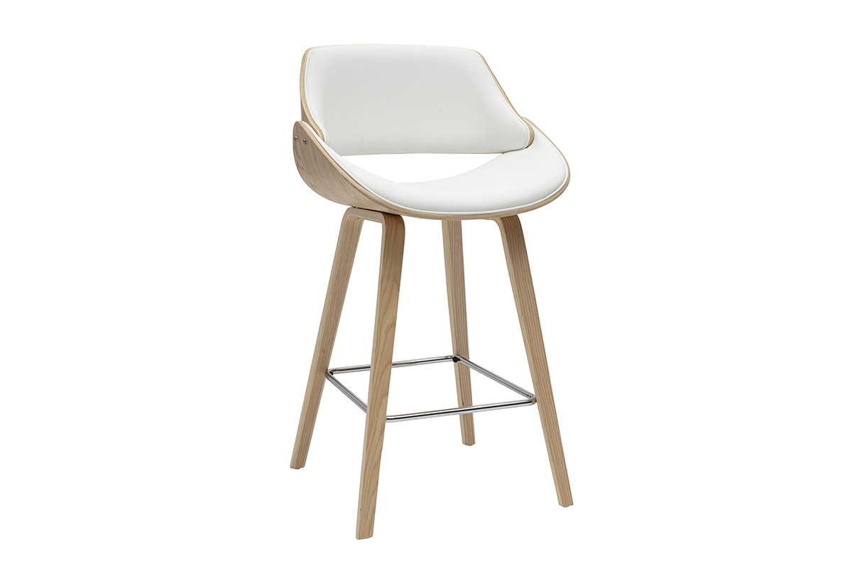 Tabouret de bar design pivotant blanc et bois clair CLASH, vue de 3/4, hauteur 70 cm.
