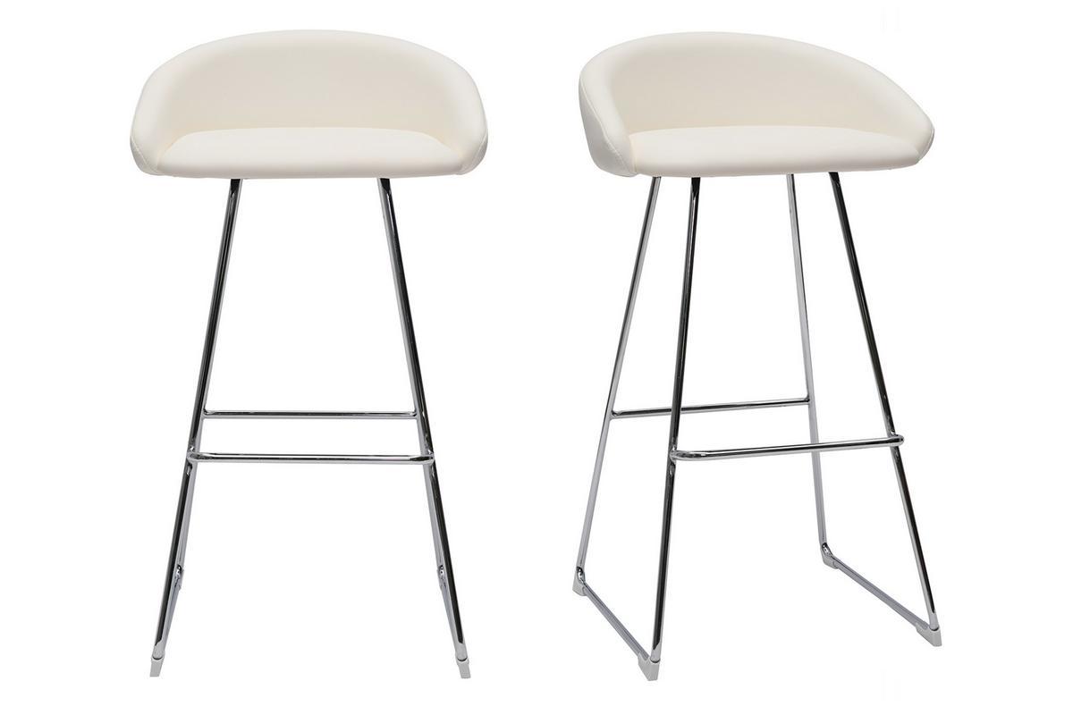 Tabourets de bar design blancs et m�tal chrom� H75 cm (lot de 2) REYNOLD