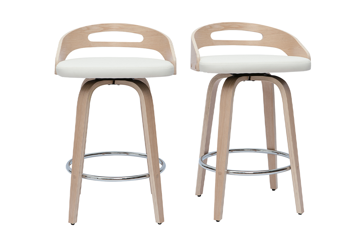 Tabourets de bar design bois clair et polyur�thane blanc 65cm pivotant 360� (lot de 2) MANO