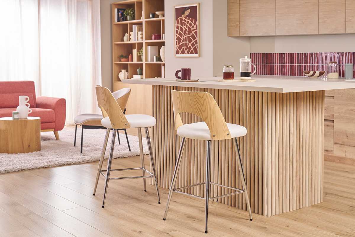 Tabourets de bar design bois et blanc H66.5 (lot de 2) FALCOM