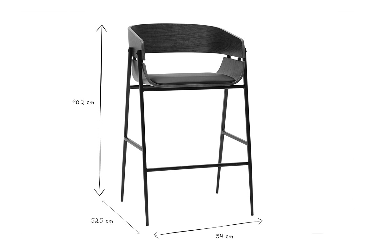 Dimensions des tabourets de bar design bois fonc et mtal noir WESS, L54xP52.5xH90.2 cm.