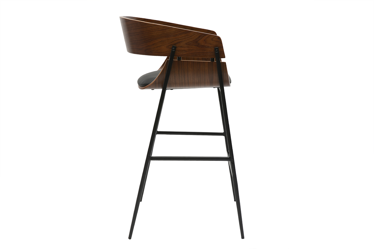 Tabouret de bar en bois fonc et mtal noir, vue de profil, design moderne.