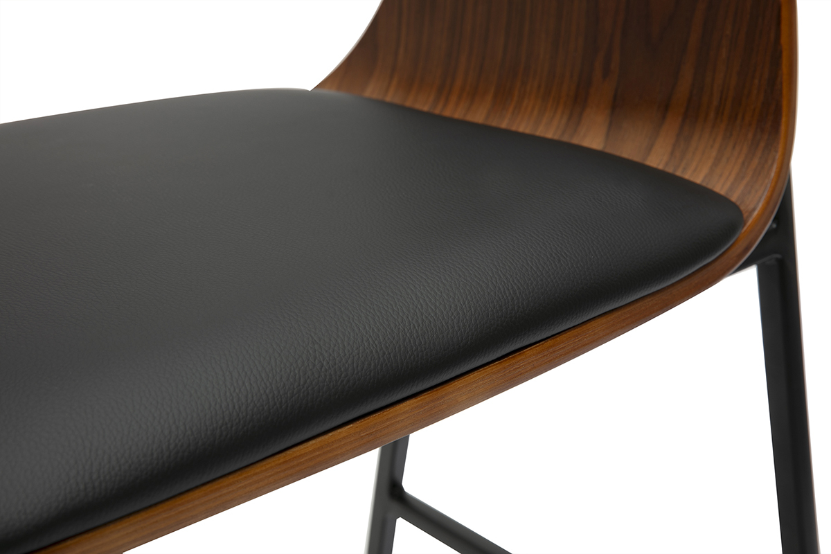Zoom tabouret de bar en bois fonc et mtal noir avec dossier enveloppant.