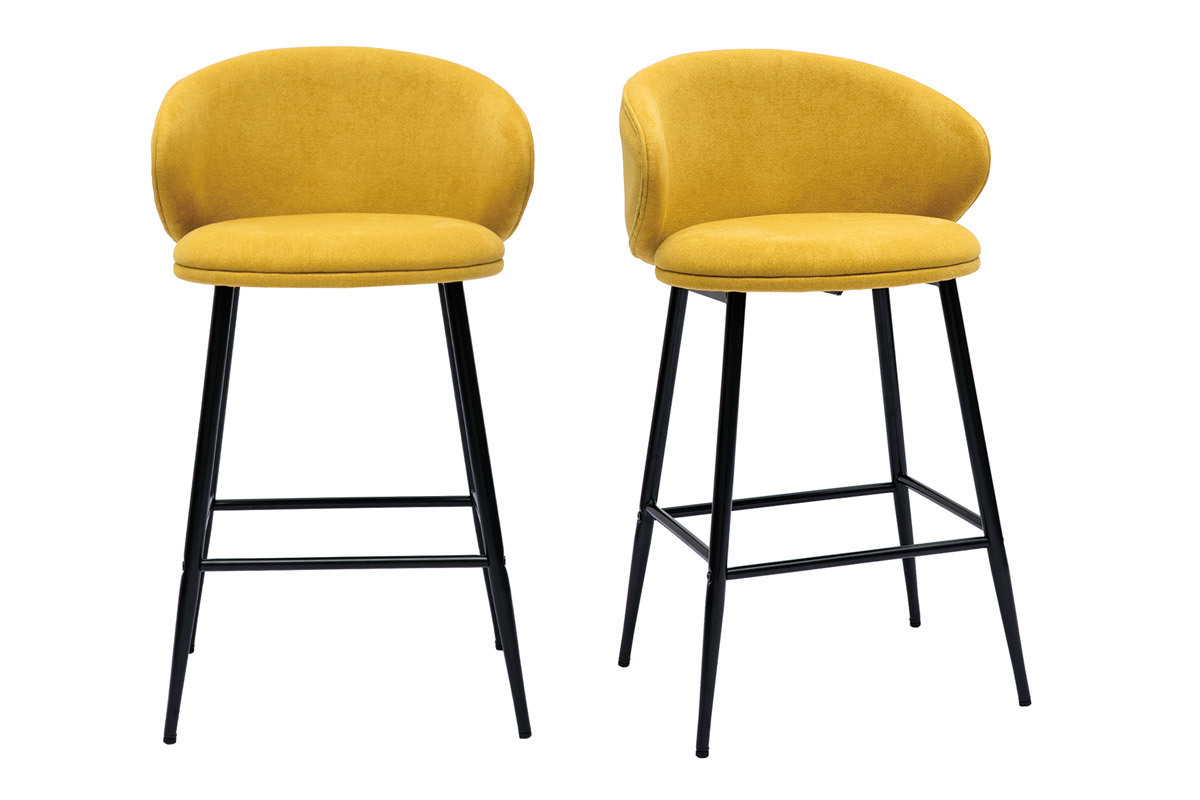 Tabourets de bar design en tissu effet velours jaune moutarde et m�tal noir (lot de 2) ROSALIE