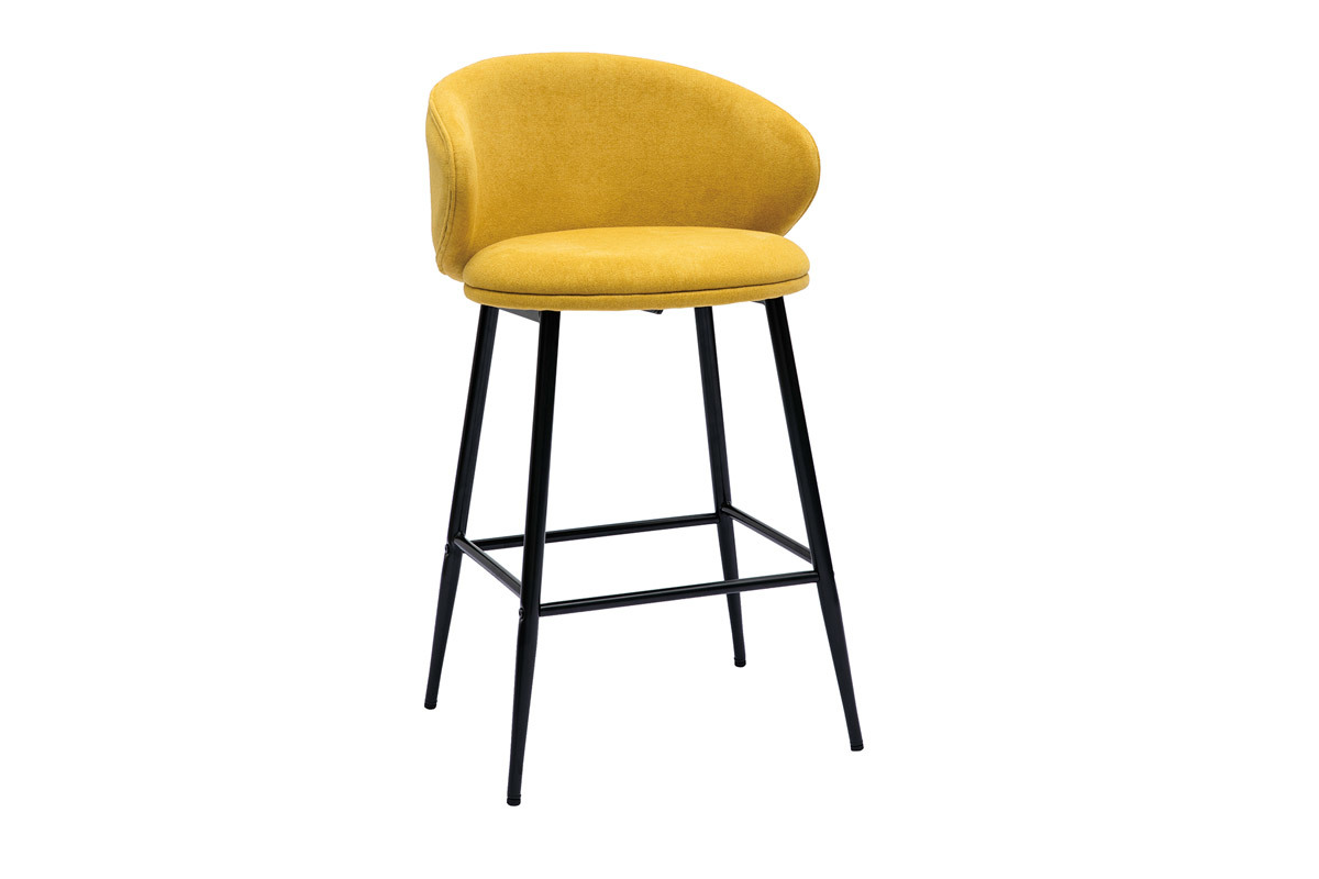 Tabourets de bar design en tissu effet velours jaune moutarde et m�tal noir (lot de 2) ROSALIE