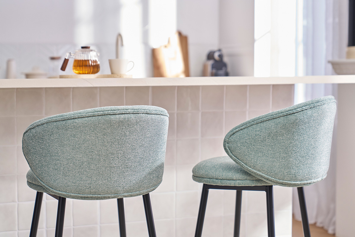 Tabourets de bar design en tissu effet velours textur vert cladon et mtal noir (lot de 2) ROSALIE