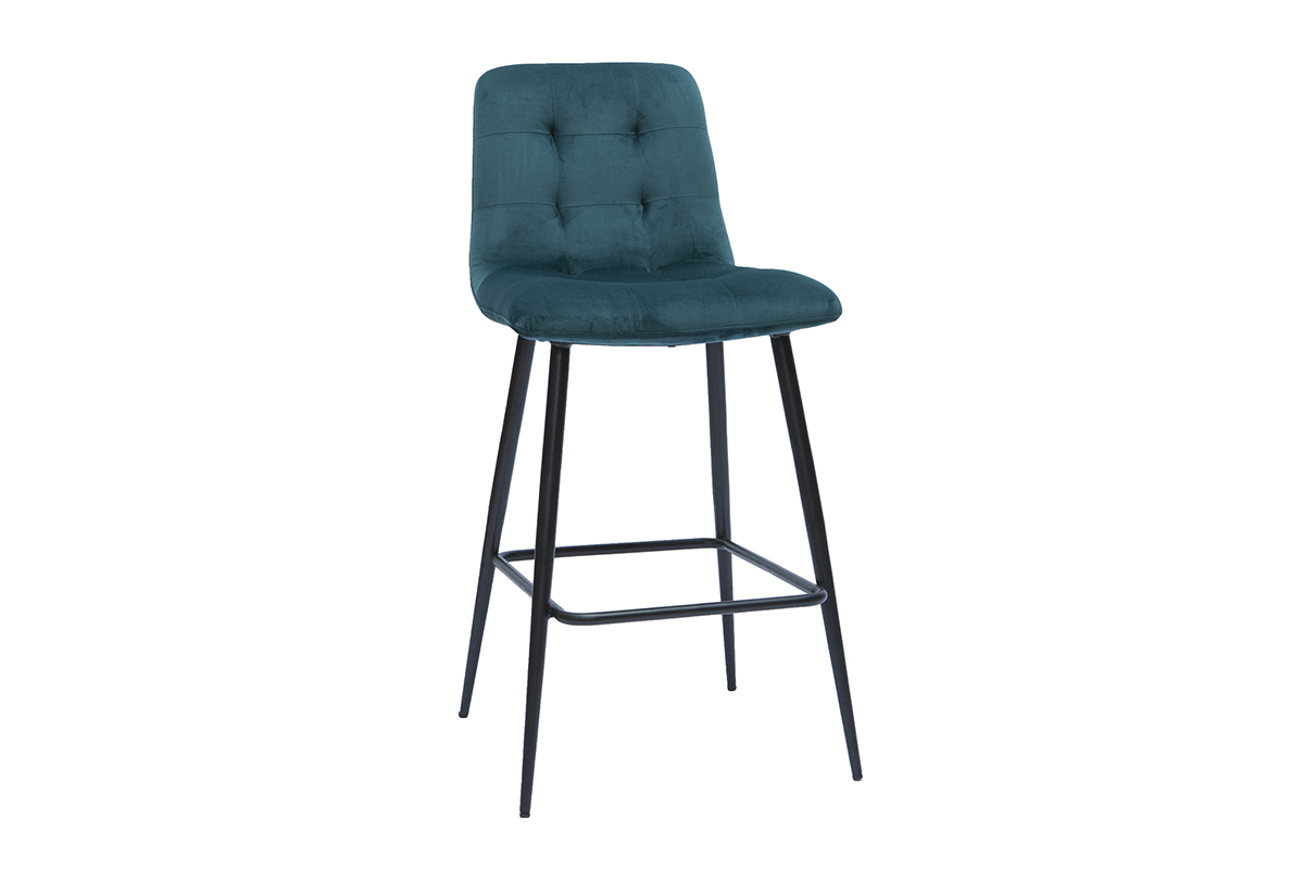 Tabourets de bar design en tissu velours gaufr� bleu canard et m�tal H65 cm (lot de 2) ESCAPE