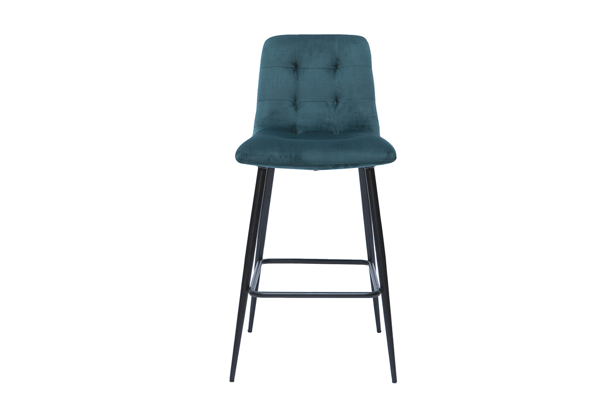 Tabourets de bar design en tissu velours gaufr� bleu canard et m�tal H65 cm (lot de 2) ESCAPE