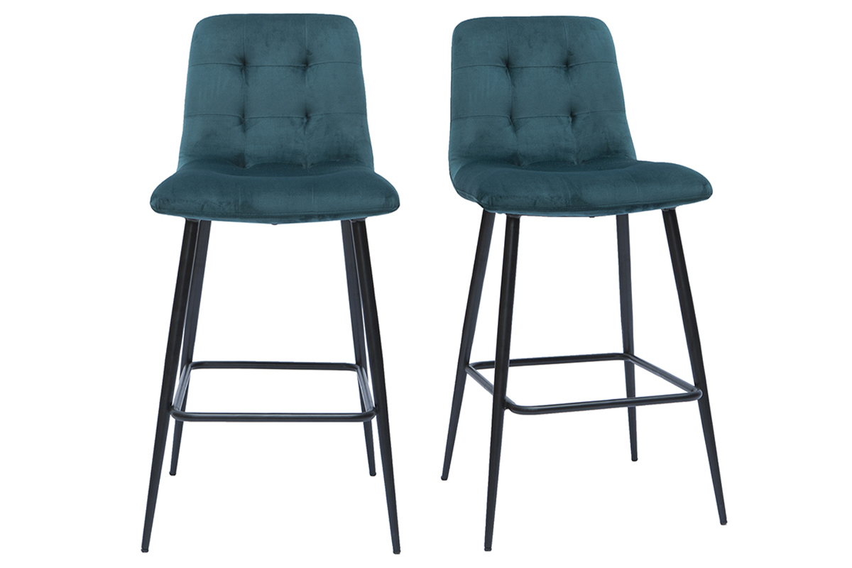Tabourets de bar design en tissu velours gaufr� bleu canard et m�tal H65 cm (lot de 2) ESCAPE