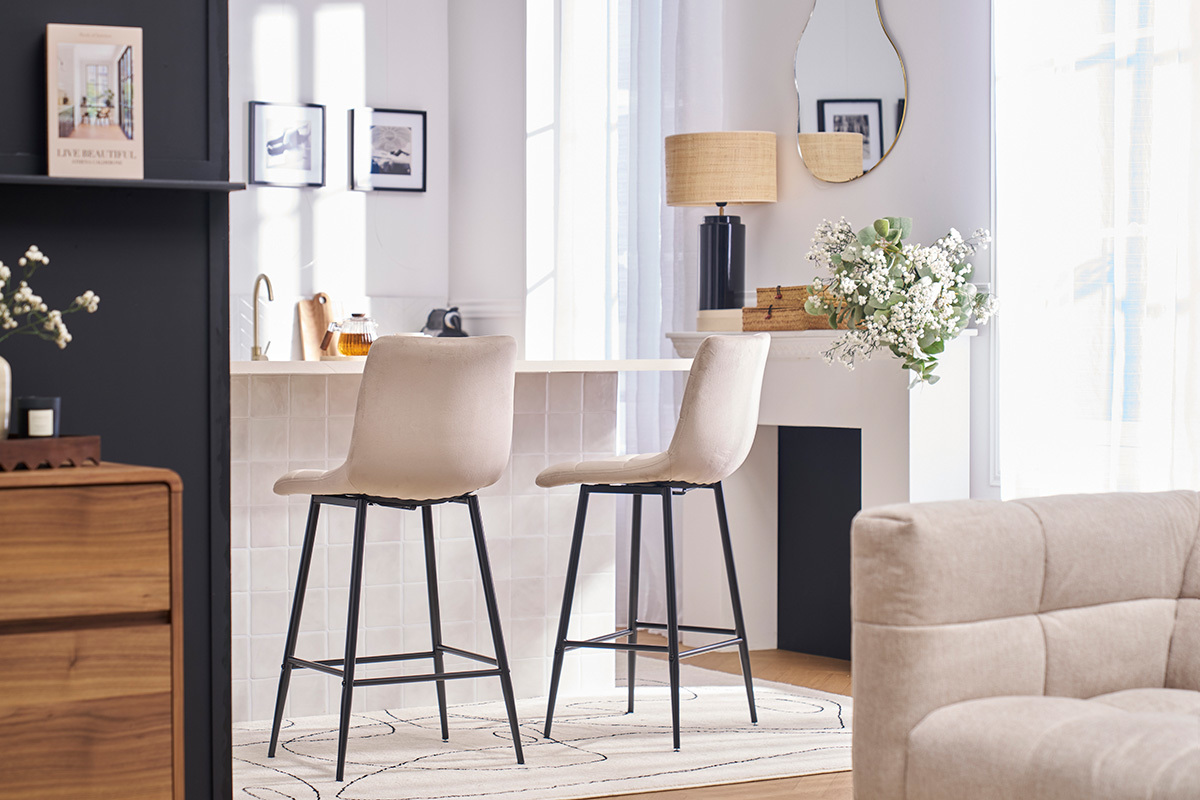 Tabourets de bar design en velours taupe H65 cm (lot de 2) MAXWELL