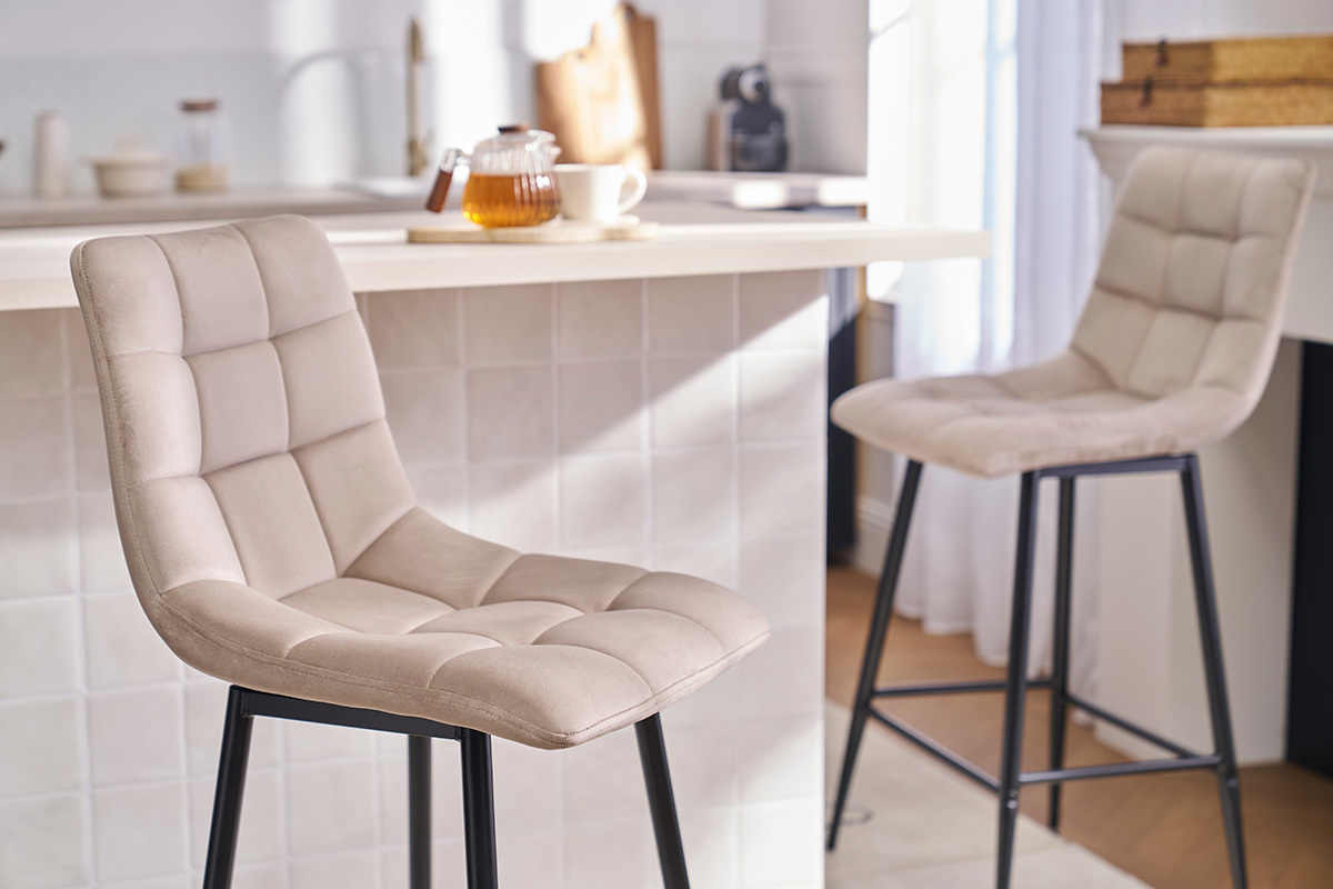 Tabourets de bar design en velours taupe H65 cm (lot de 2) MAXWELL
