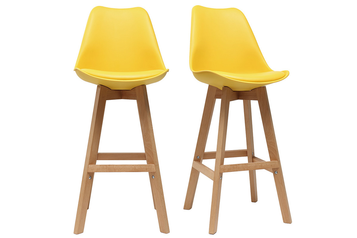 Tabourets de bar design jaune et bois H65 cm (lot de 2) PAULINE