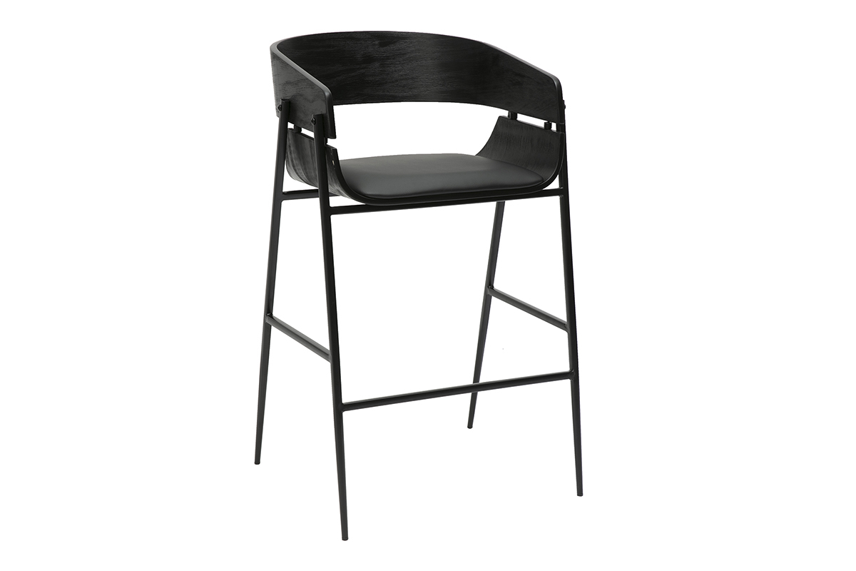 Tabouret de bar design noir en bois et mtal WESS