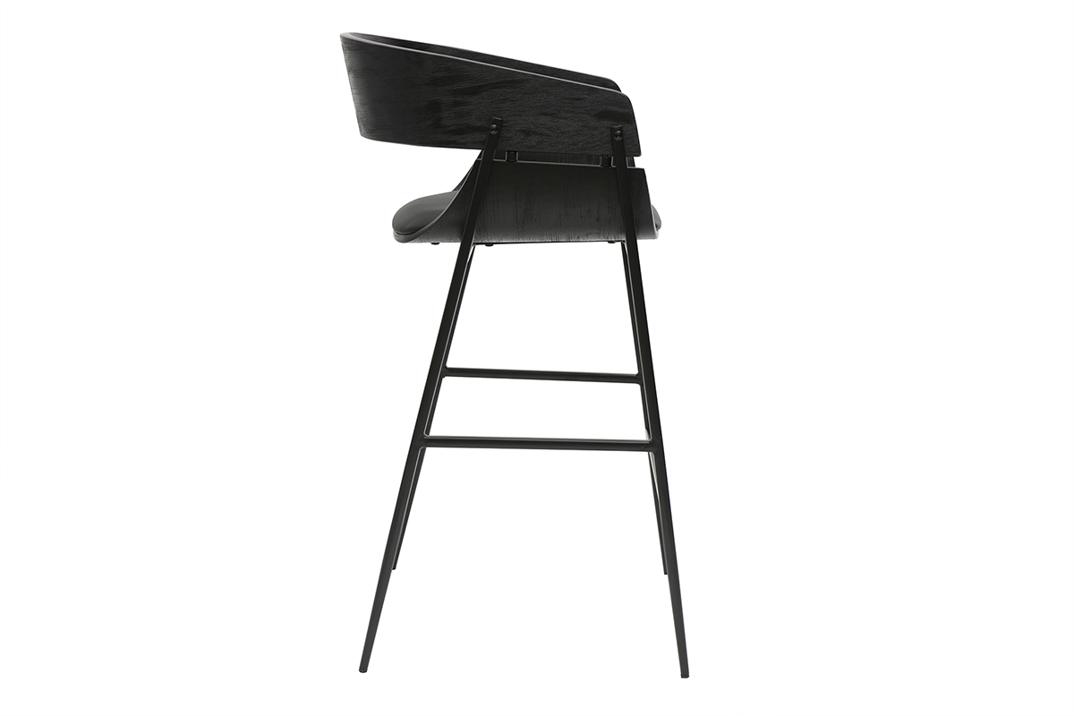 Tabouret de bar design noir WESS, vue de profil, structure lance, dossier incurv en bois noir, assise rembourre.
