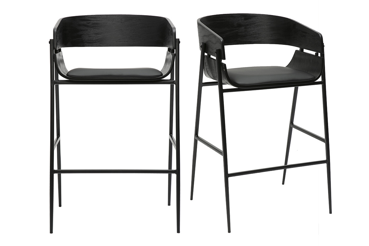 Tabourets de bar design noirs en bois et mtal WESS, lot de 2
