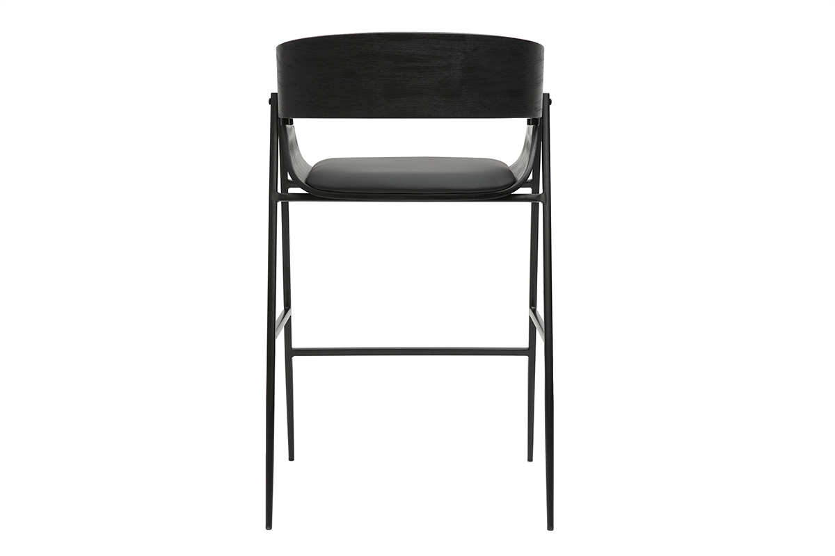 Tabouret de bar noir avec structure lance, assise rembourre, et pieds en mtal. Vue de dos.