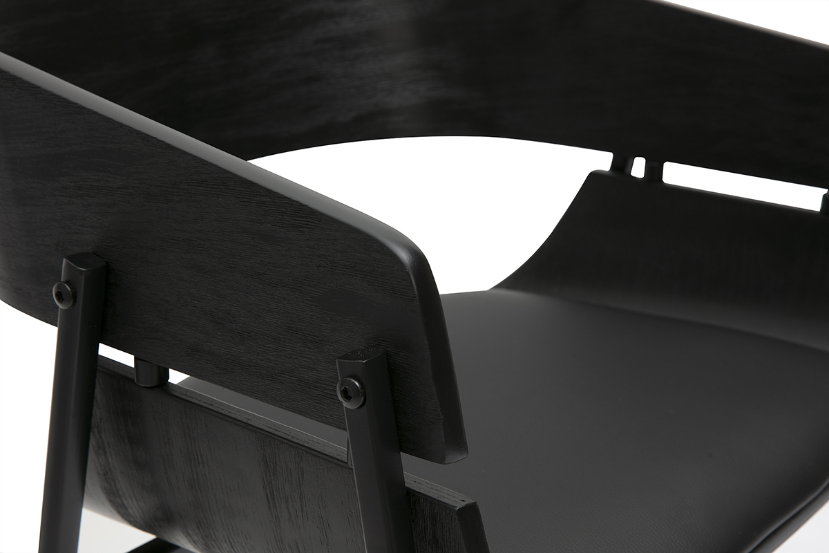 Tabouret de bar noir bois et mtal, zoom accoudoir.