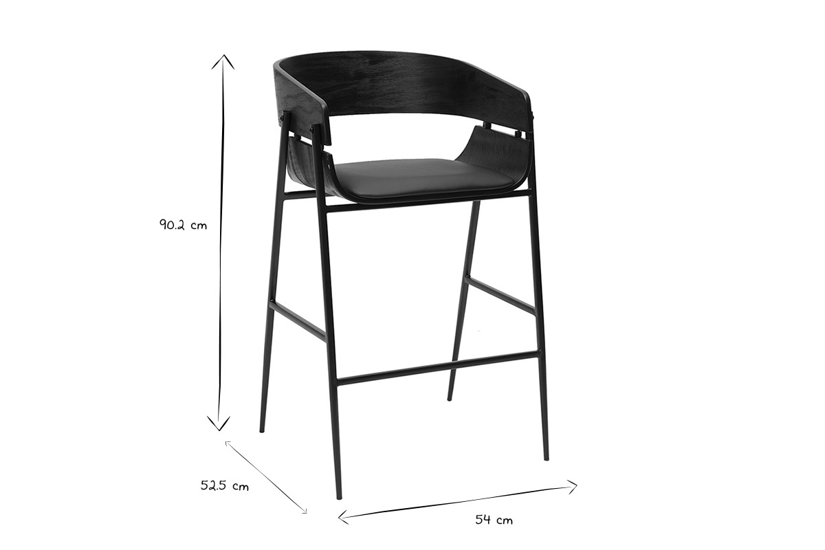 Tabourets de bar design noirs WESS avec bois et mtal, dimensions L54 x P52.5 x H90.2 cm.