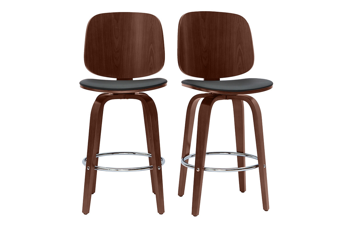 Tabourets de bar design pivotants noirs et noyer H66 cm (lot de 2) BECK