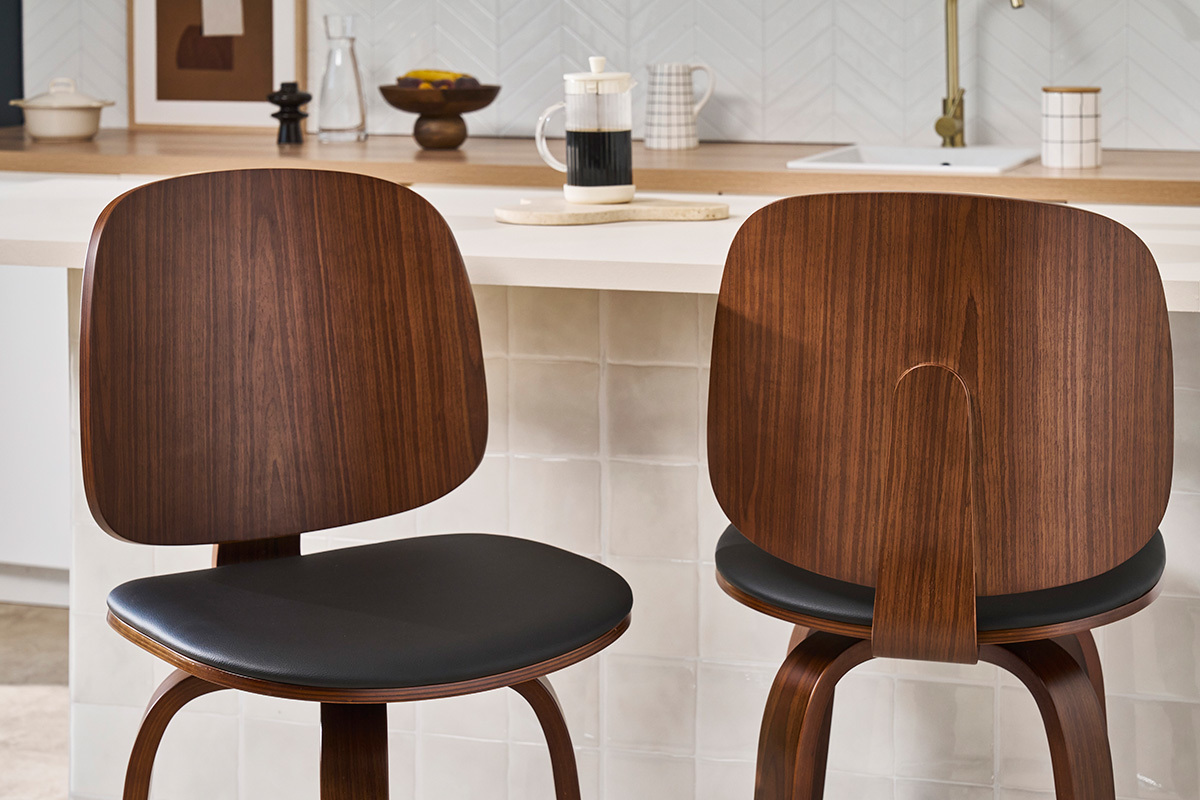 Tabourets de bar design pivotants noirs et noyer H66 cm (lot de 2) BECK