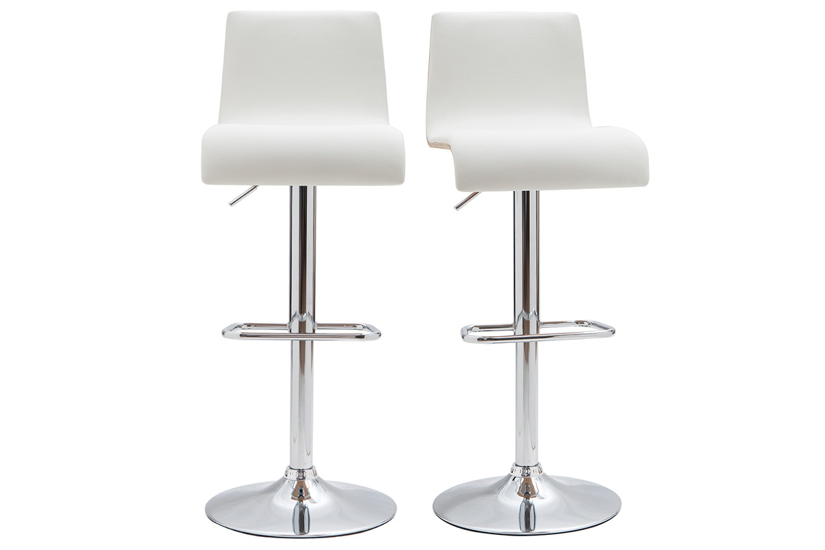 Tabourets de bar design r�glables blanc et bois clair (lot de 2) DELICACY