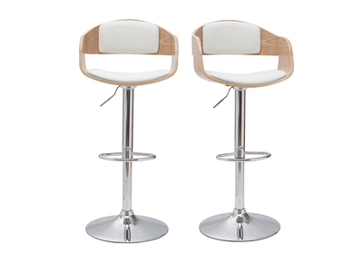 Tabourets de bar design réglables en polyuréthane blanc et bois clair (lot de 2) EUSTACHE