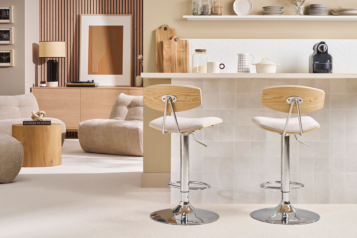 Tabourets de bar design rglables en tissu effet velours textur beige et mtal (lot de 2) VASCO