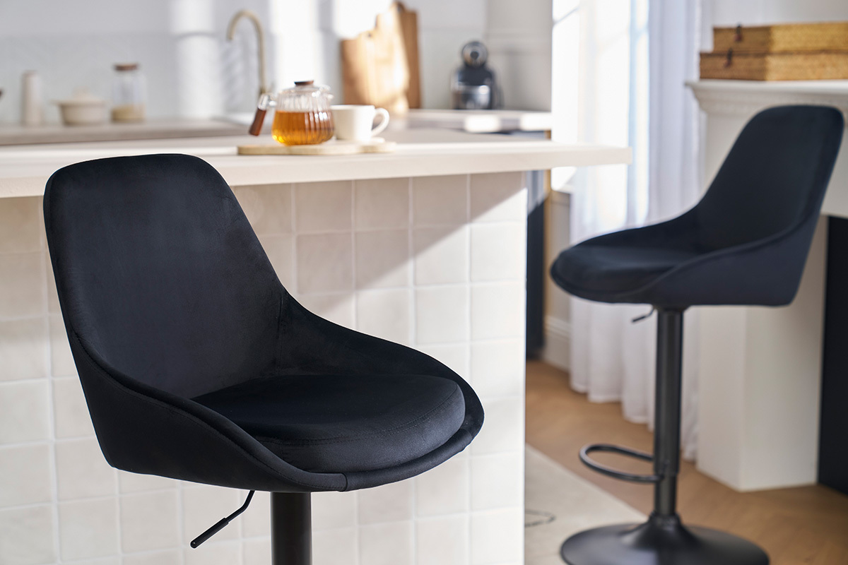 Tabourets de bar design rglables en tissu velours noir et mtal noir 360 (lot de 2) HOLO