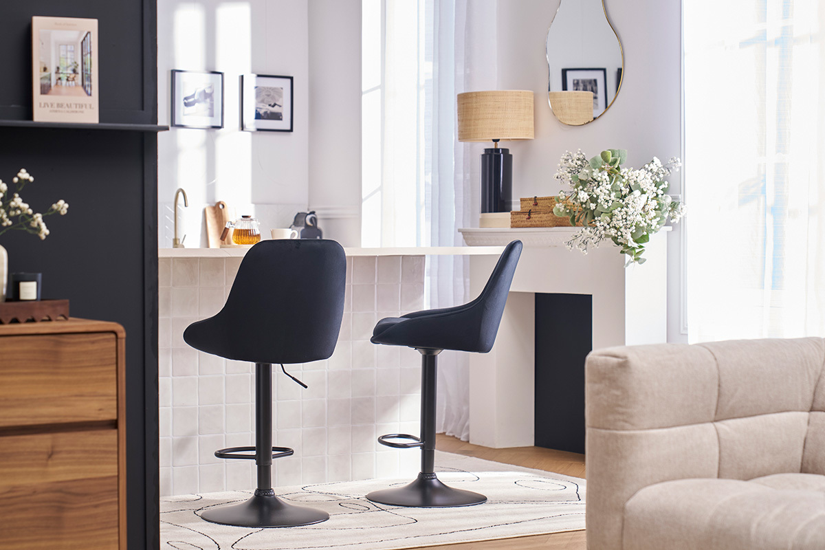 Tabourets de bar design rglables en tissu velours noir et mtal noir 360 (lot de 2) HOLO