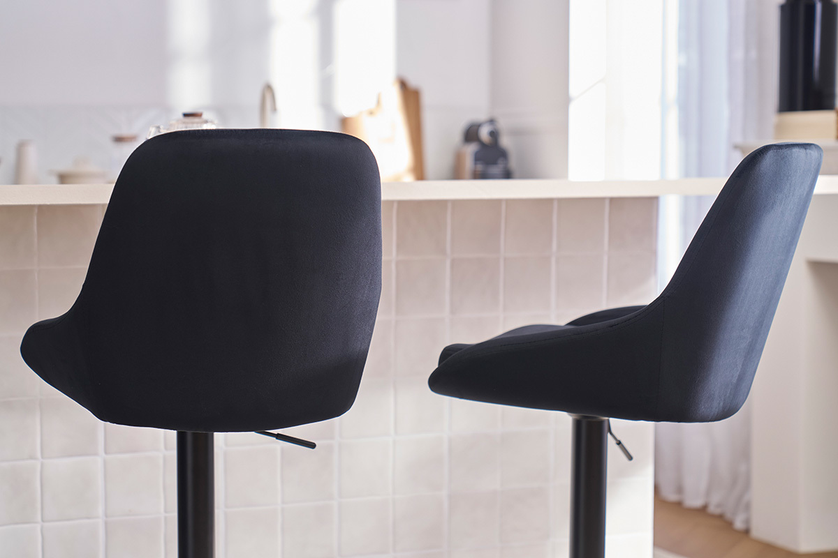Tabourets de bar design rglables en tissu velours noir et mtal noir 360 (lot de 2) HOLO