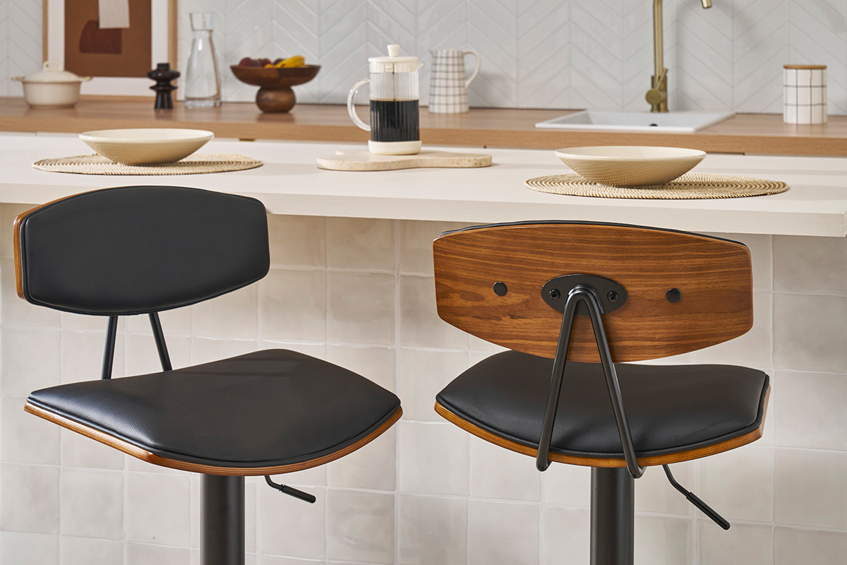 Tabourets de bar design rglables noir et bois fonc (lot de 2) VASCO