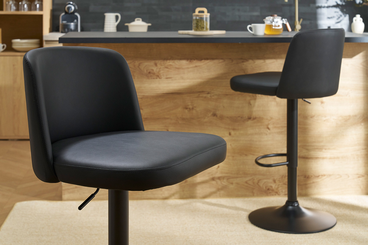 Tabourets de bar design rglables noirs et mtal noir (lot de 2) MONTI