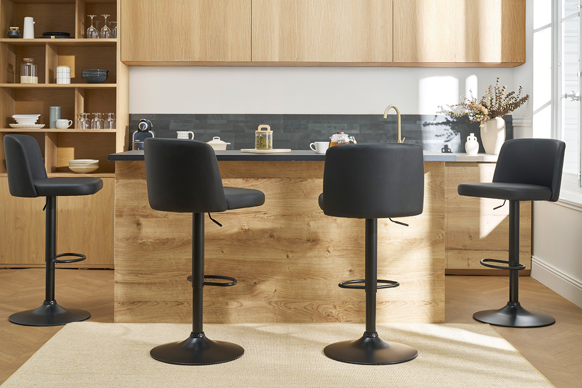 Tabourets de bar design rglables noirs et mtal noir (lot de 2) MONTI