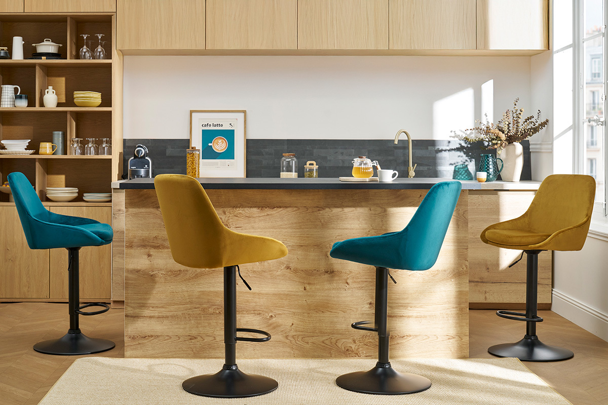 Tabourets de bar design rglables velours bleu ptrole (lot de 2) HOLO