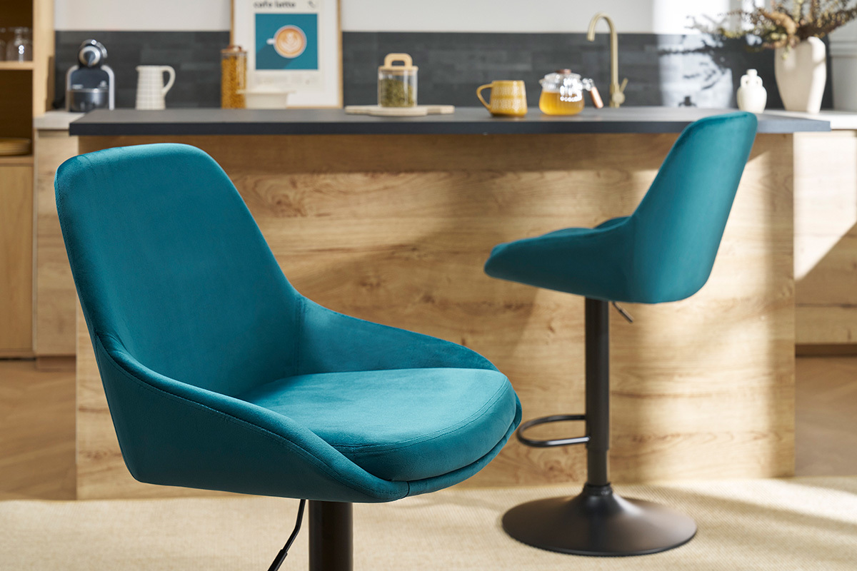 Tabourets de bar design rglables velours bleu ptrole (lot de 2) HOLO