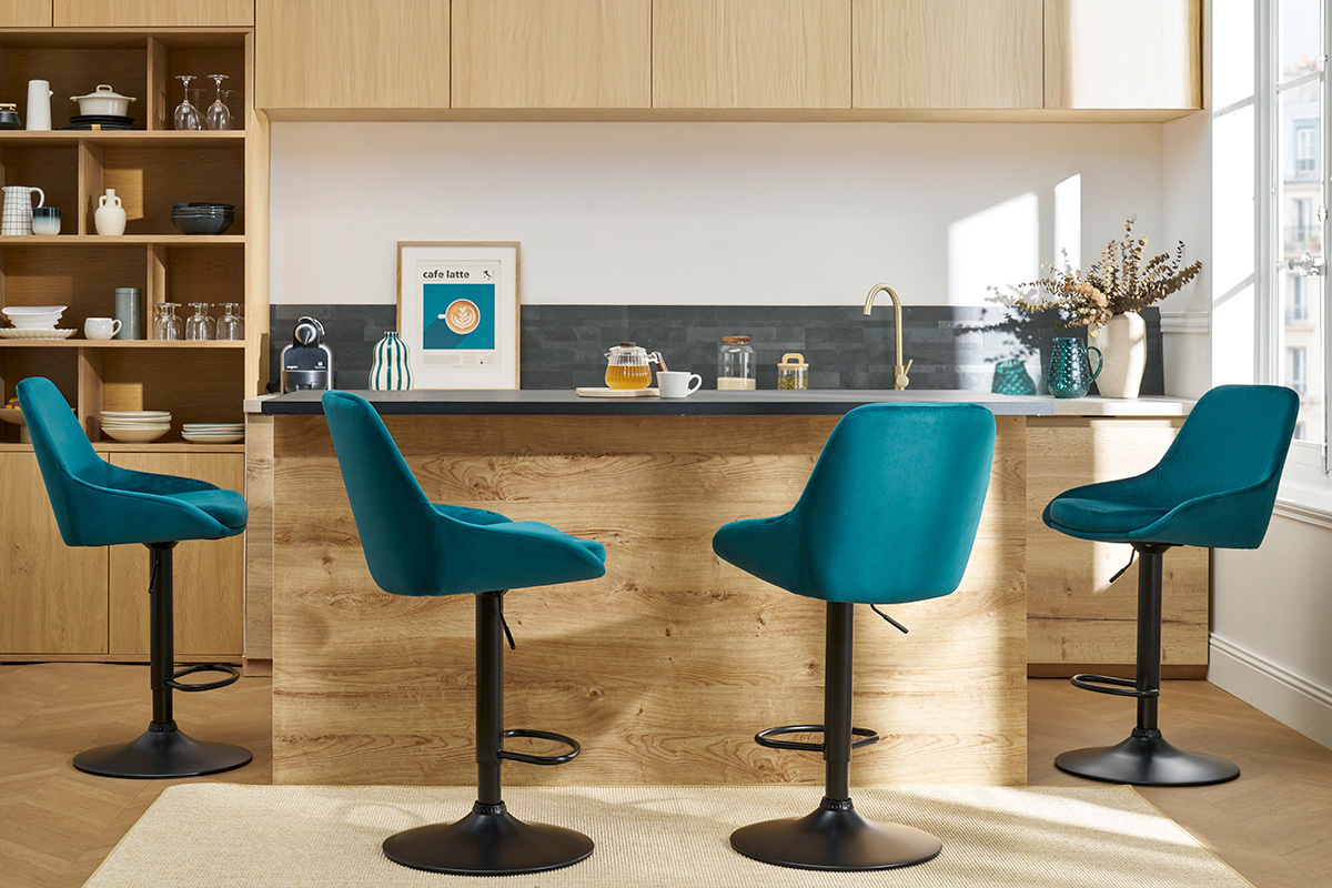 Tabourets de bar design rglables velours bleu ptrole (lot de 2) HOLO