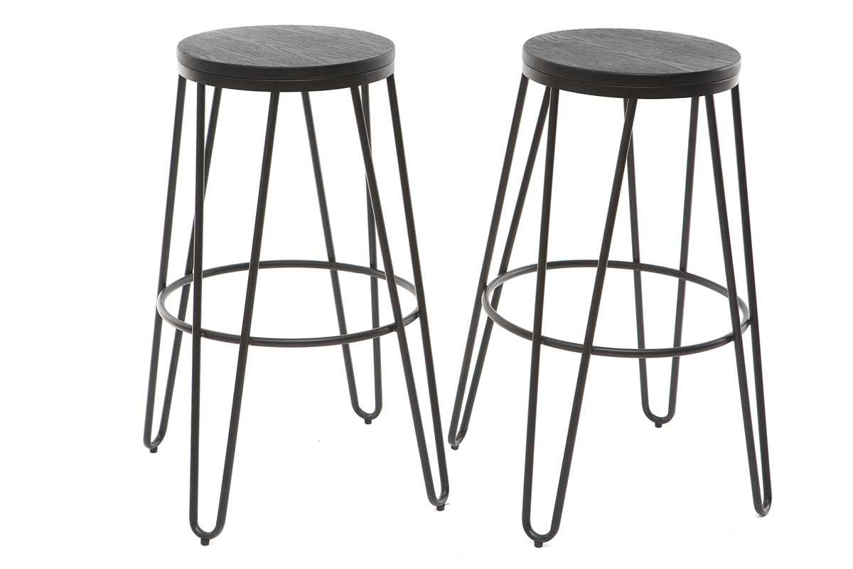 Tabourets de bar empilables en mtal noir et en bois noir H75 cm (lot de 2) IGLA