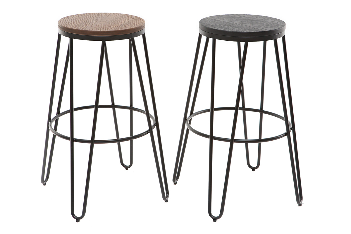 Tabourets de bar empilables en mtal noir et en bois noir H75 cm (lot de 2) IGLA