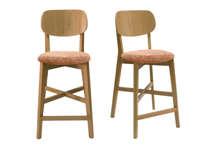 Tabourets de bar en bois clair chêne et tissu effet velours terre brûlée H65 cm (lot de 2) LUCIA