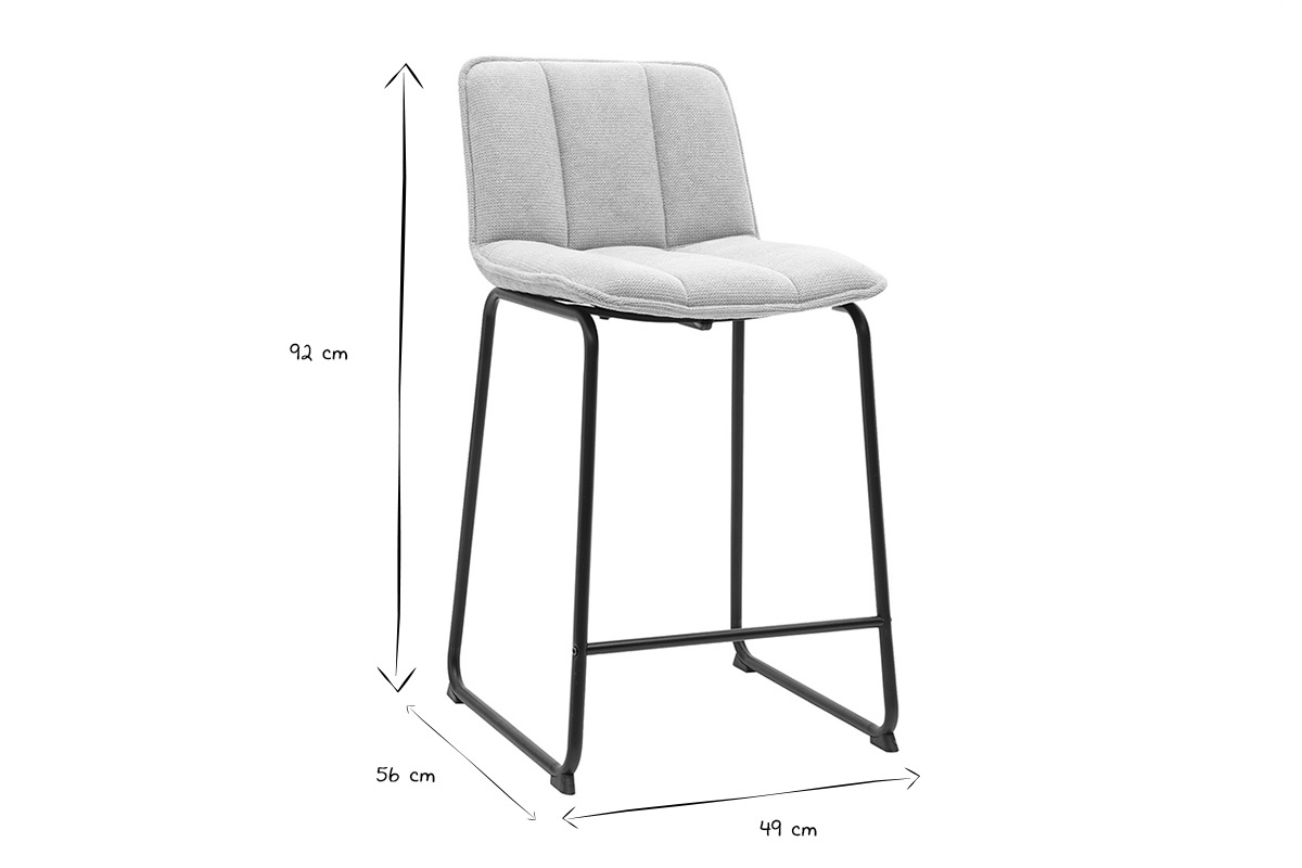 Tabouret de bar en tissu chenille beige et m�tal noir avec dimensions 49x56x92 cm en noir et blanc.