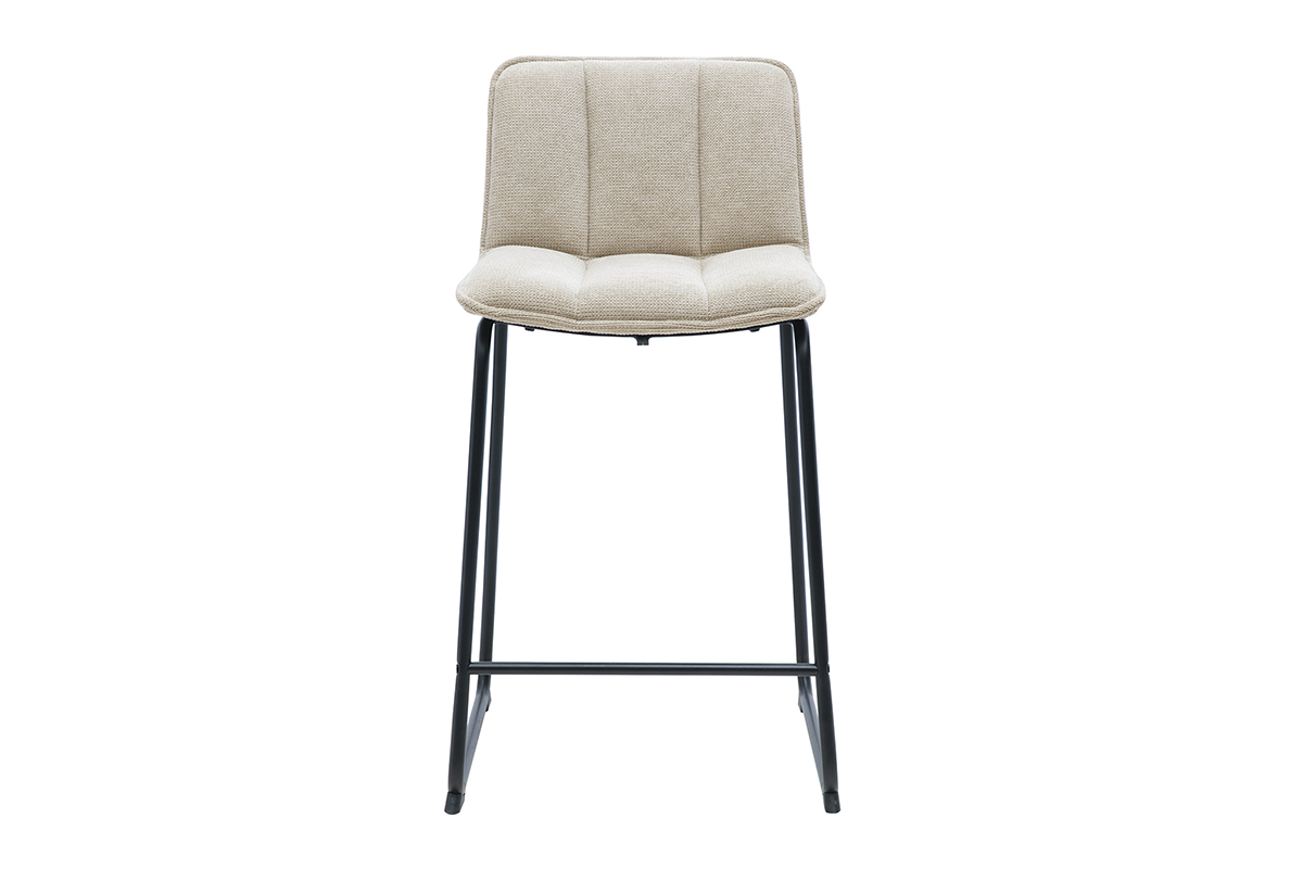Tabouret de bar en tissu chenille beige avec pi�tement en m�tal noir, vue de face.