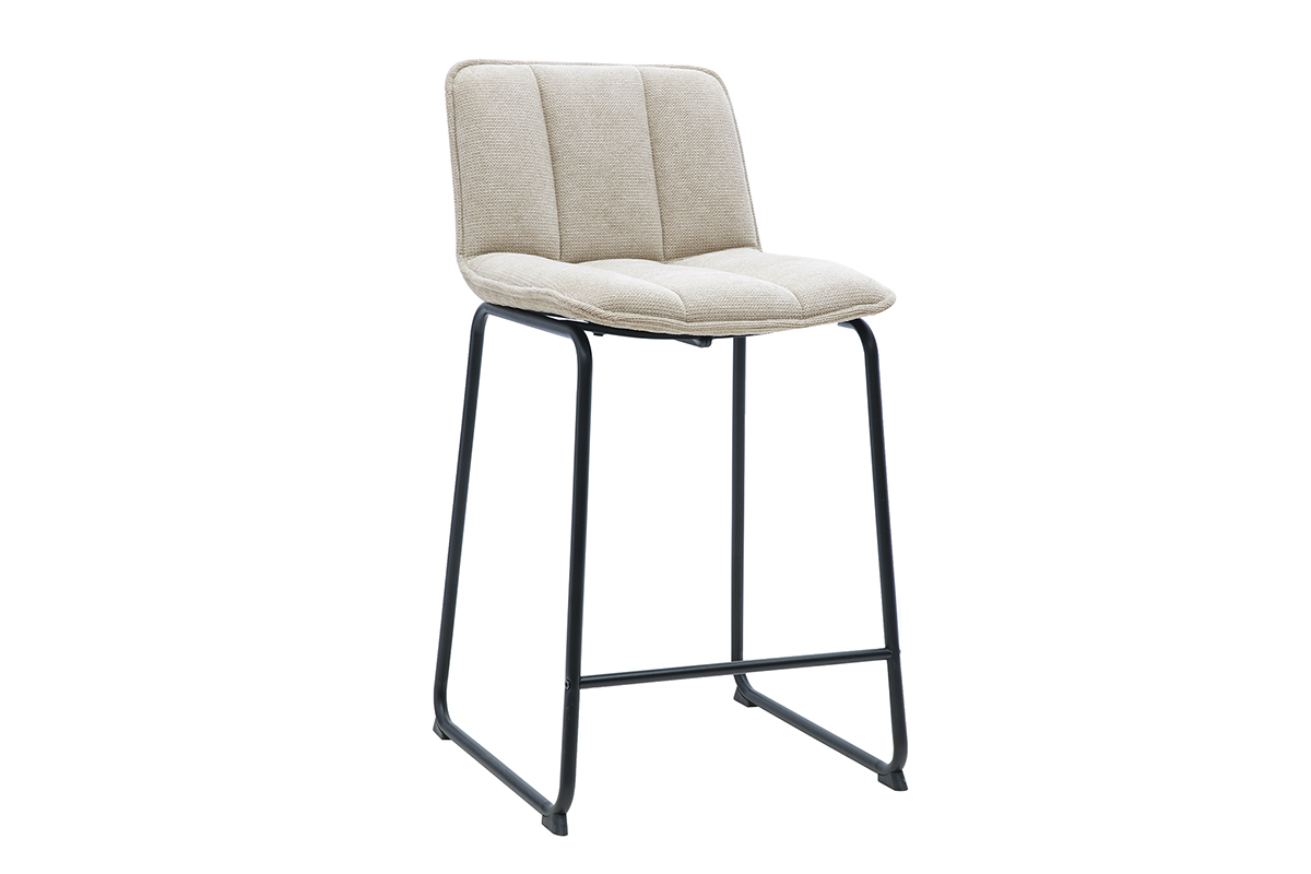 Tabouret de bar en tissu chenille beige et m�tal noir, vue de 3/4, H65.6 cm.