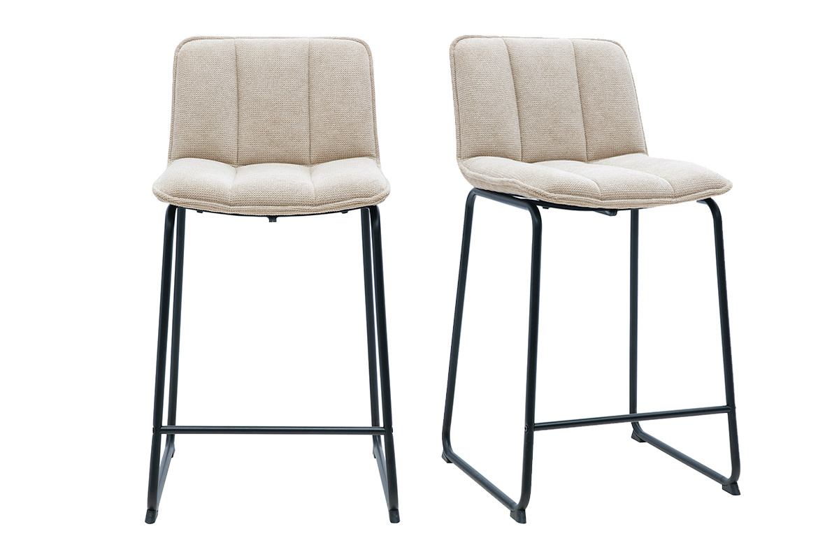 Tabourets de bar en tissu chenille beige et m�tal noir, vue de face, lot de 2, hauteur H65.6 cm.