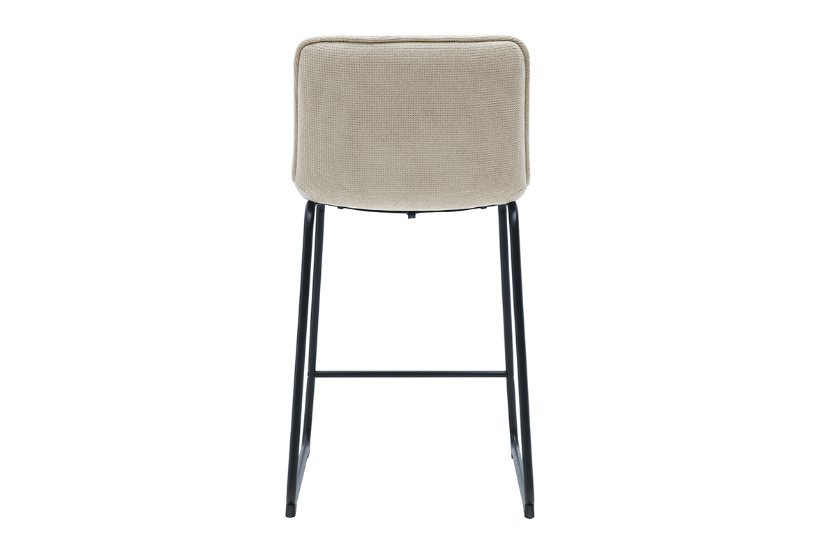 Tabouret de bar en tissu chenille beige avec pi�tement en m�tal noir, vue de dos.